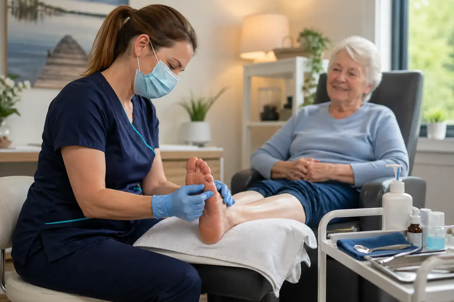 Foot care nurse providing in-home foot care to a senior client in Windsor-Essex County