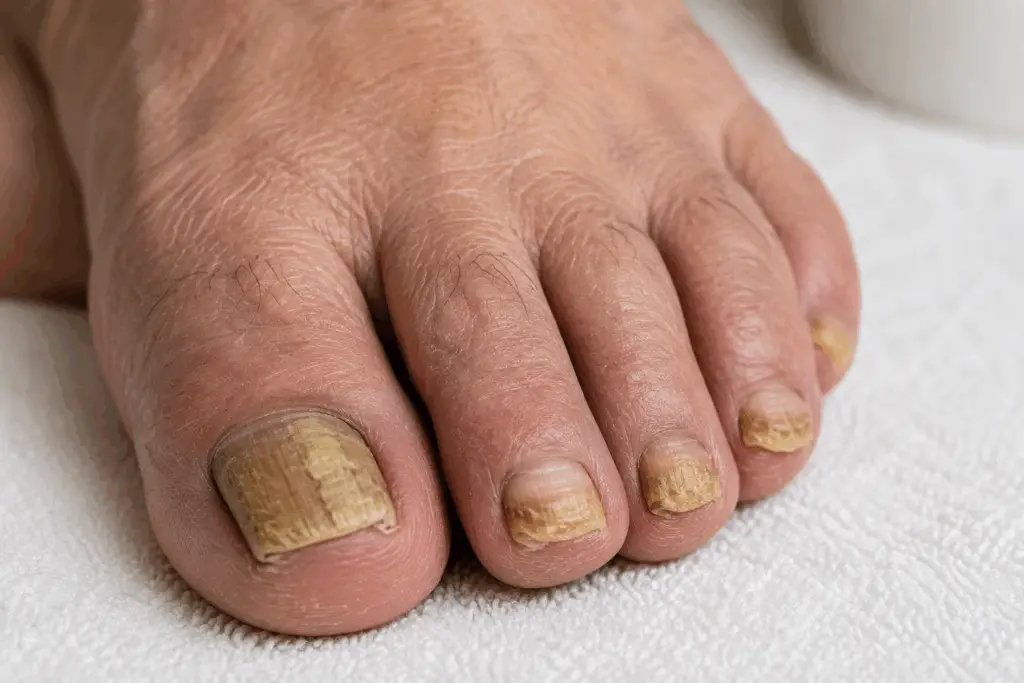 Close-up of thick, discoloured toenails illustrating a fungal toenail infection in an older adult.