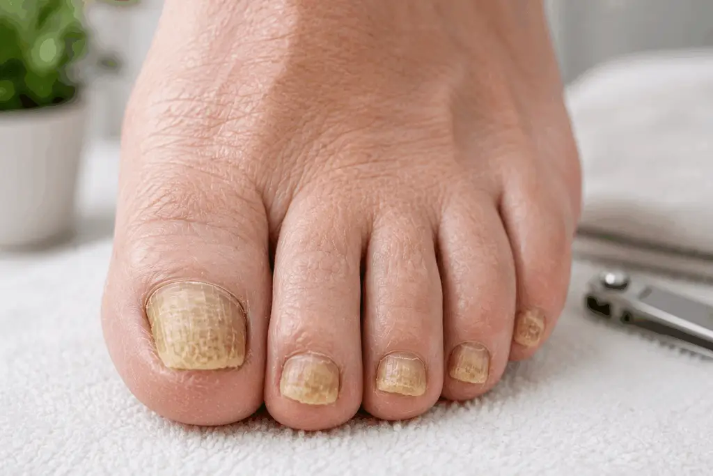 Close-up of thick toenails showing common nail thickening in an older adult's foot.